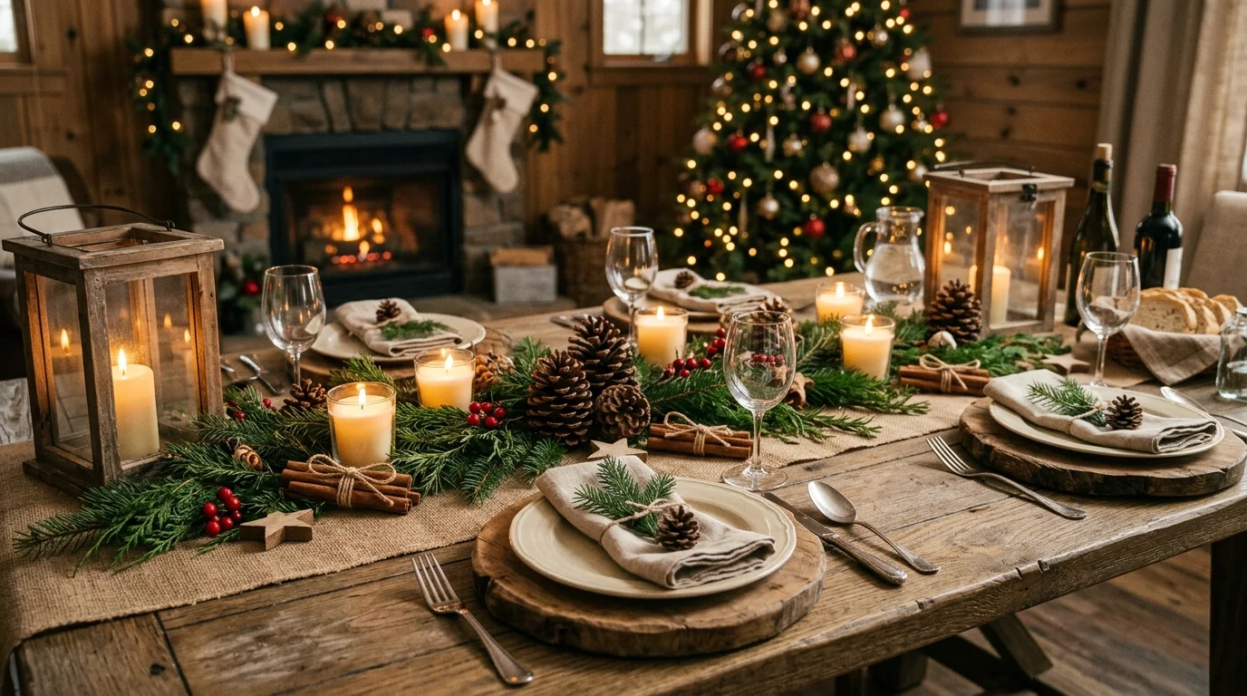 A rustic Christmas table featuring a burlap runner with pinecones, twine accents, wooden chargers, and warm candlelight, cozy farmhouse atmosphere, eye-level shot, no people